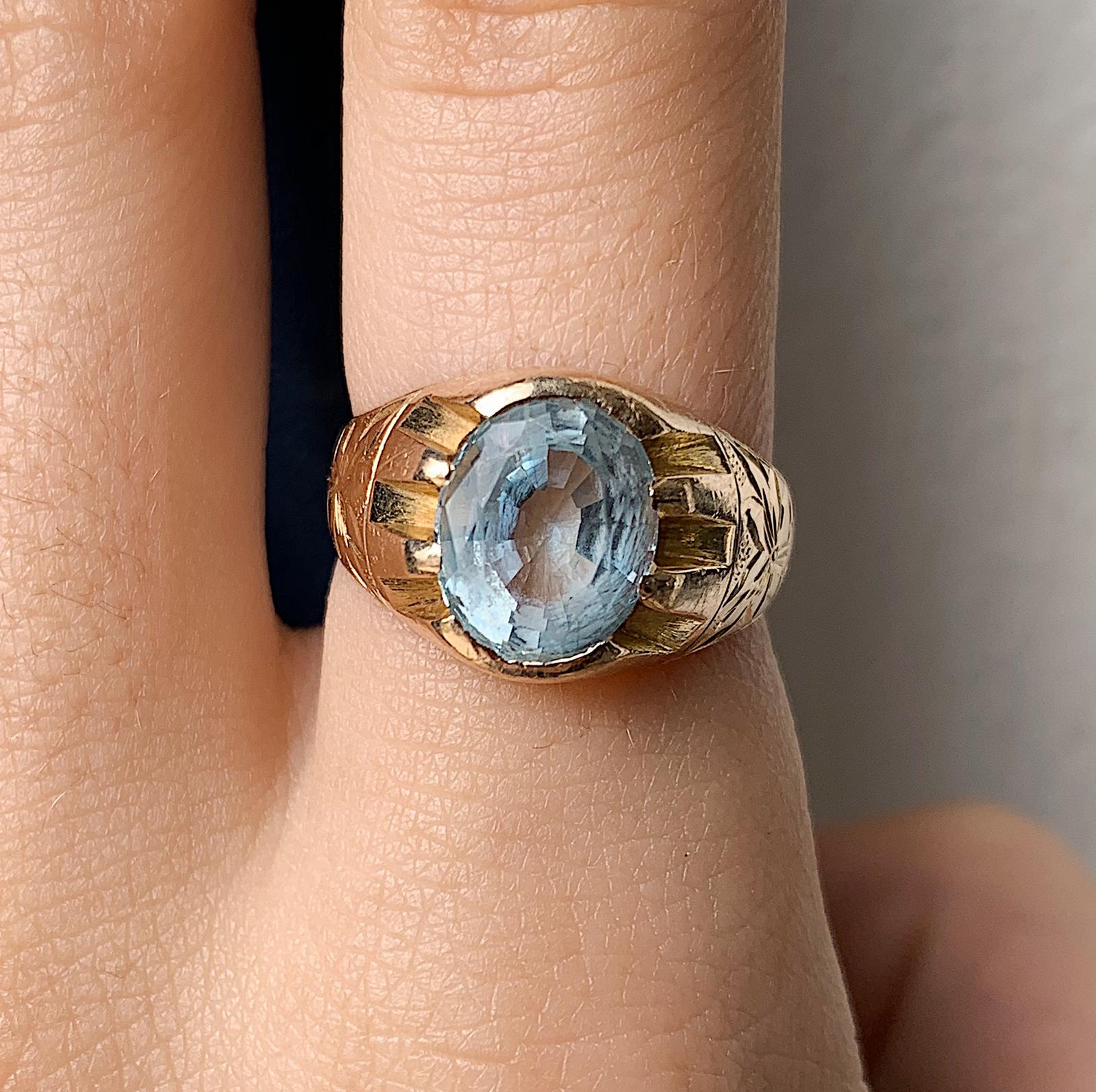 טבעת זהב 15k, עם אבן אקווה מארין .