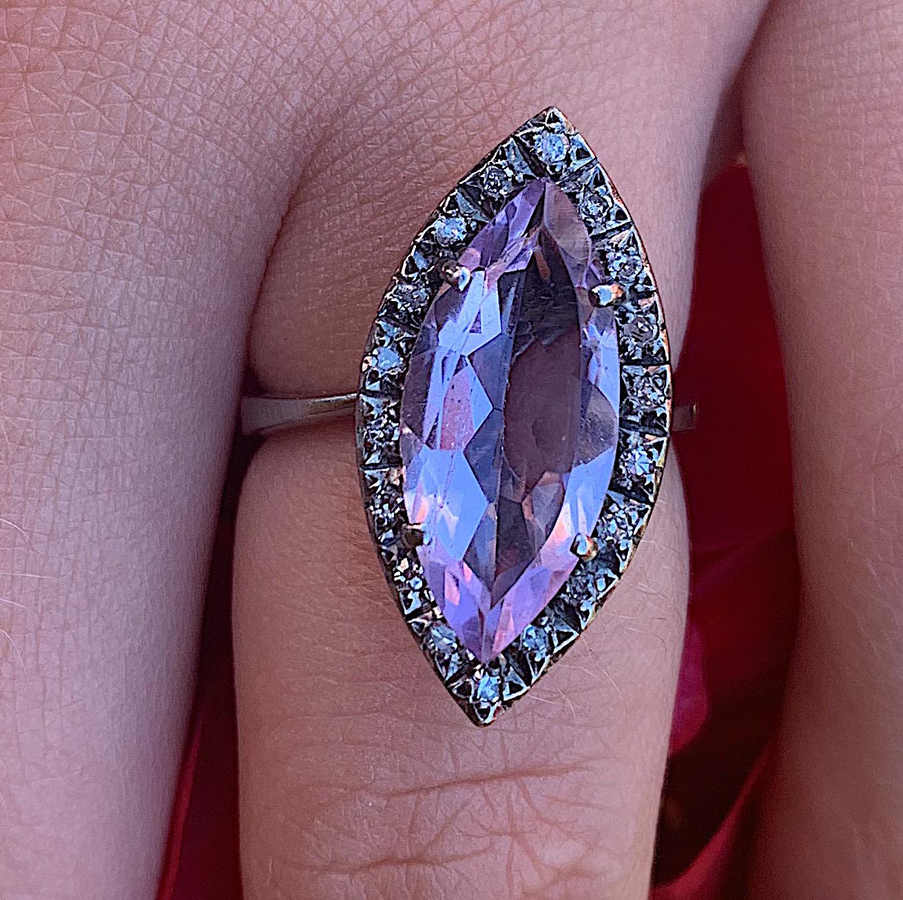 טבעת רטרו , זהב 14k עם אמטיסט ויהלומים קטנים.