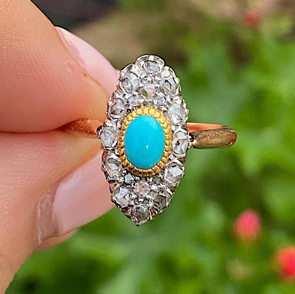 טבעת ויקטוריאנית מזהב 18k עם טורקיז ויהלומים.