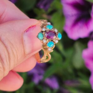 טבעת זהב עתיקה טורקיז גרנט פנינים